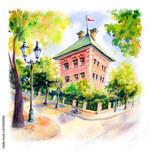 Canvas Print Watercolor sketch of the Royal Castle in Piotrkow Trybunalski, Poland, surrounded by trees showing the first colors of autumn