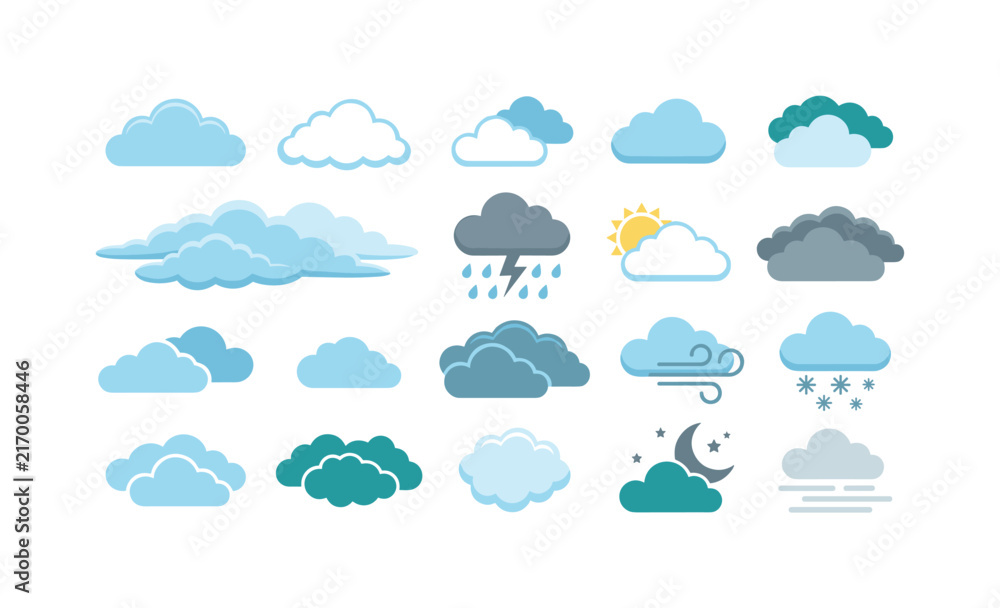 Fototapeta premium Collection of diverse weather icons featuring clouds and atmospheric phenomena