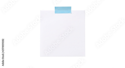 Square white paper note attached with light blue masking tape isolated on transparent background for office mockup