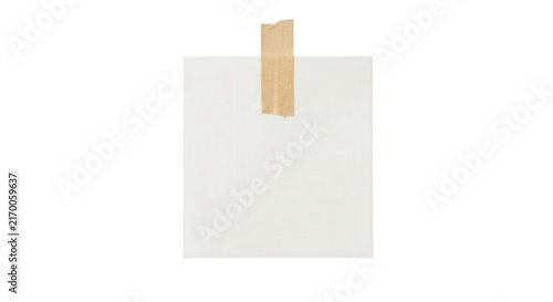 Single blank square white note paper secured with masking tape isolated on transparent background for quick reminders