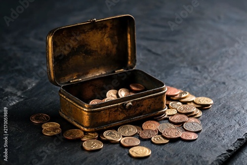 Vintage Tin Cash Box Open With Scattered Coins On Dark Slate Background For Finance And Saving
