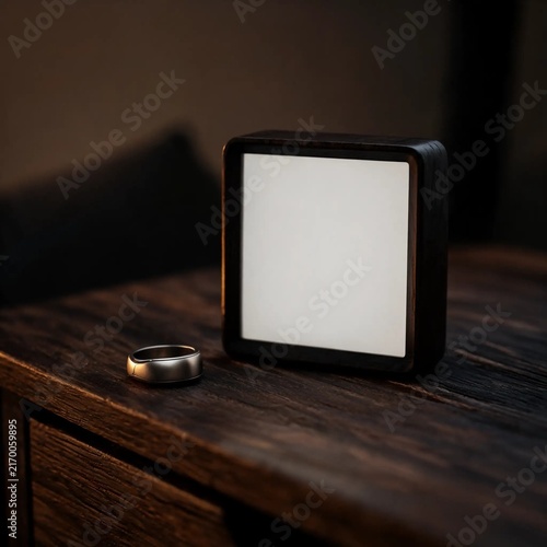 Smart ring beside a blank-faced clock on a nightstand.
