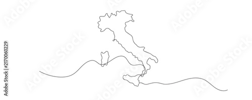 Single line drawing of a blank map of Italy. Continuous line drawing showing the distinctive boot-shaped country for geography, education, travel, and cartographic applications.