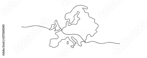 Single line drawing of a blank map of Europe. Continuous line drawing featuring the recognizable continental shape for geography, education, and cartographic purposes.