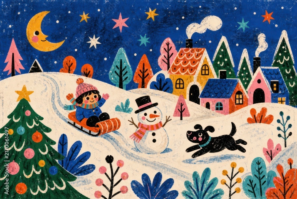 Naklejka premium Whimsical winter scene with sledding and snowman.