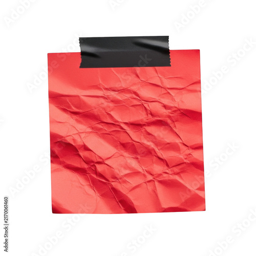 Crumpled red square sticky note paper attached with black adhesive tape isolated on a transparent background