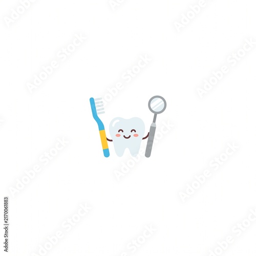 Cute cartoon tooth character holding a toothbrush and dental mirror for oral hygiene.