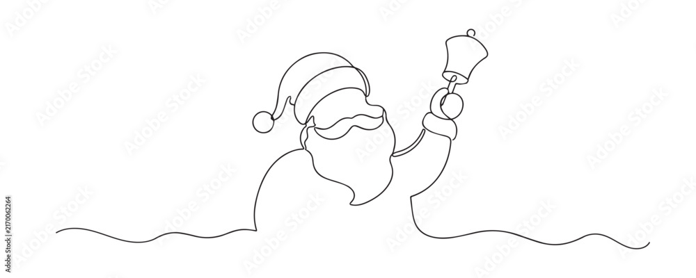 Fototapeta premium Single line drawing of Santa Claus holding a bell. Continuous line drawing showing a cheerful Santa carrying a Christmas bell for festive holiday celebrations and traditions.