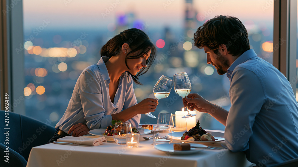 Fototapeta premium Young couple dining at a restaurant with a panoramic city skyline view, romantic date, modern lifestyle, food and travel concept, with copy space