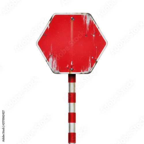 Old weathered red hexagonal stop sign on pole isolated on transparent background for vintage road infrastructure