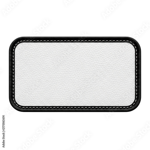 Rectangular white leather patch with black stitching isolated on transparent background for fashion and branding