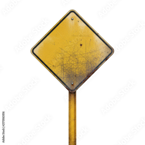 Aged yellow warning diamond road sign with scratches isolated on transparent background for hazard concepts
