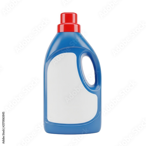Blue laundry detergent bottle with blank label isolated on transparent background for home cleaning product branding