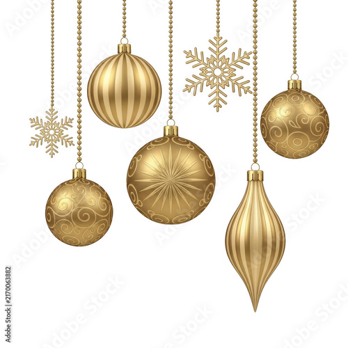 Golden Christmas tree ornaments and snowflakes hanging isolated on transparent background for holiday decoration