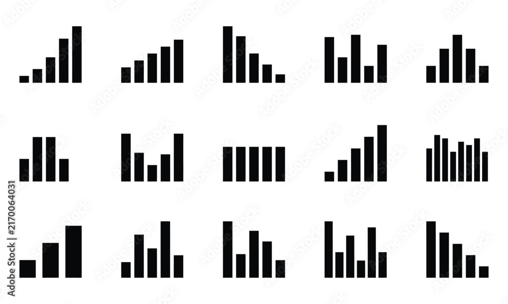 Obraz premium Set of fifteen black and white bar chart icons representing various data growth and decline trends