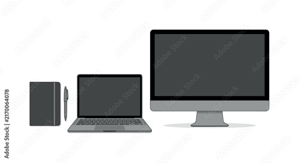 Fototapeta premium Modern workstation setup with laptop, desktop monitor, and notebook