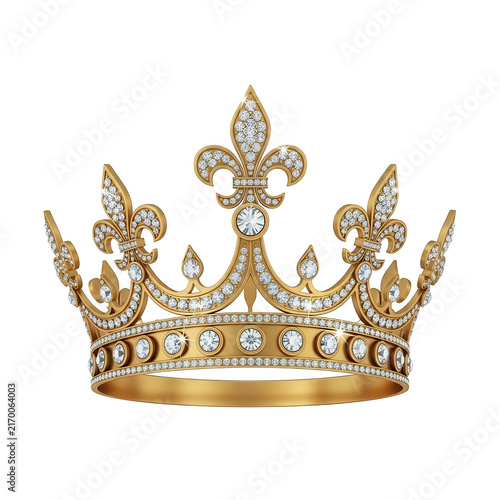 Ornate golden royal crown with diamonds isolated on transparent background for luxury and victory branding themes