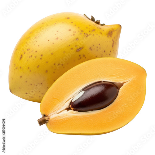 Whole and sliced fresh canistel fruit with dark seed isolated on transparent background for organic food photography