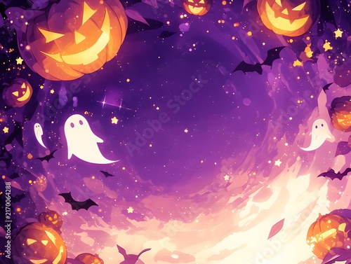 怪しく光るジャックオーランタンと可愛いおばけが舞うハロウィンの夜空・中央コピースペース付きのアニメ調ファンタジー背景素材