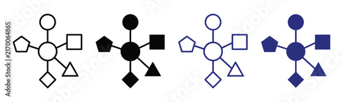 Quadro su tela Abstract Network Connection: A series of abstract molecular or network diagrams featuring a central node with connected geometric shapes, varying in color and completeness