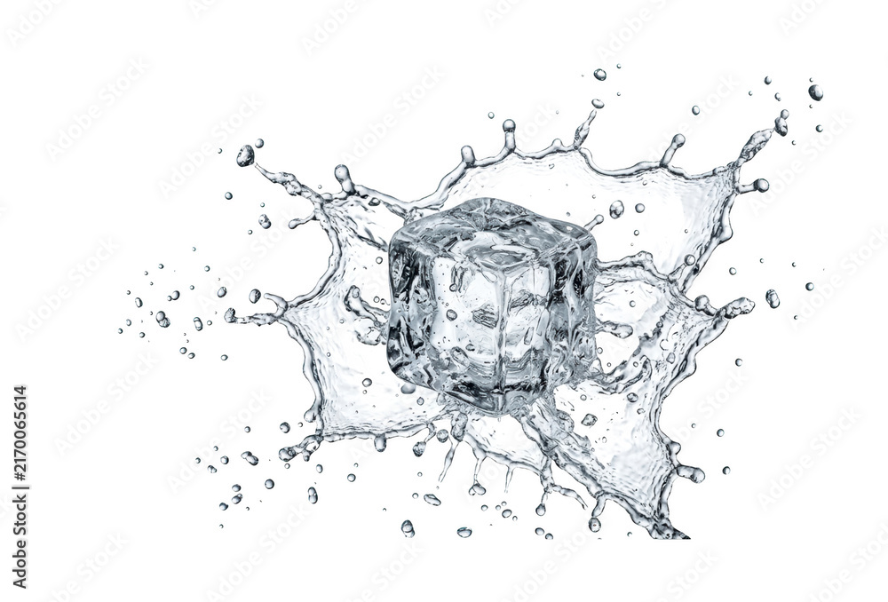 Fototapeta premium Clear Ice Cube Falling Into Water Splash Effect