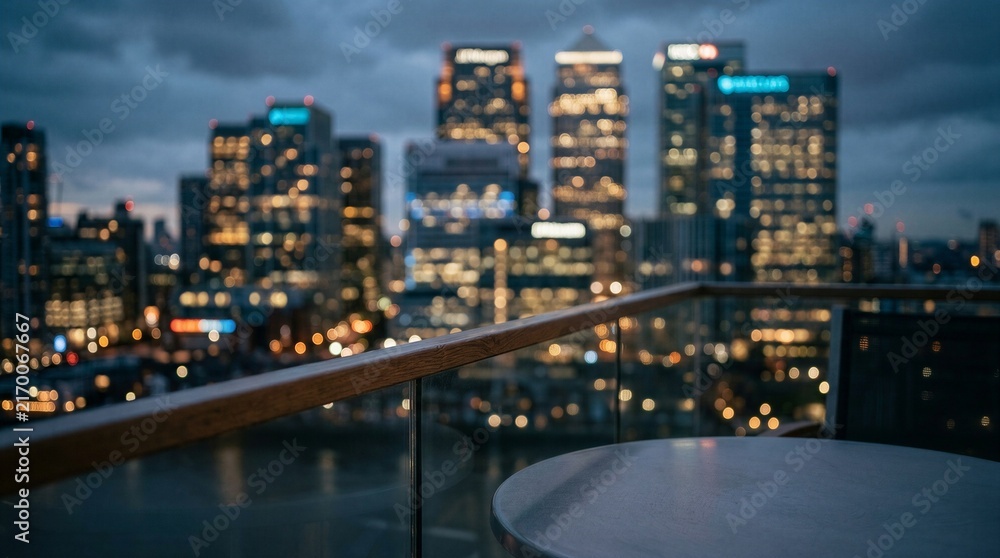 Fototapeta premium Rooftop balcony table overlooking blurred city skyline at night