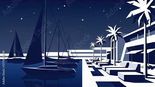Night harbor scene with sailboats and palm trees.