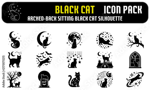 Set of black cat silhouette icons featuring various spooky poses for halloween design and graphic projects