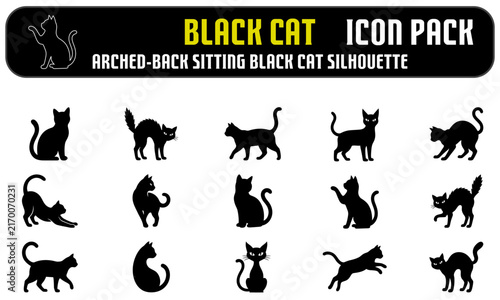 Collection of various black cat silhouettes in different poses for halloween design and graphic projects