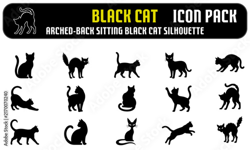 Set of black cat silhouettes in various poses including sitting walking and arched back for halloween design