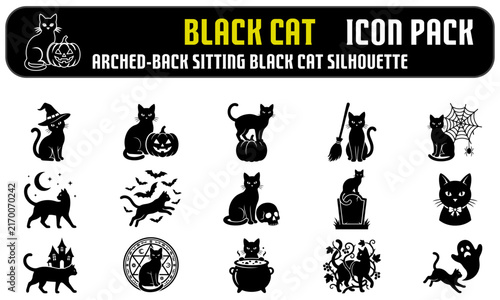 Set of black cat silhouettes featuring various spooky halloween themes and decorative elements for graphic design projects