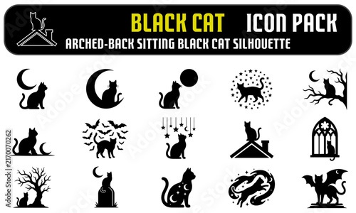 Set of black cat silhouettes featuring various spooky poses and halloween themed designs for graphic design projects