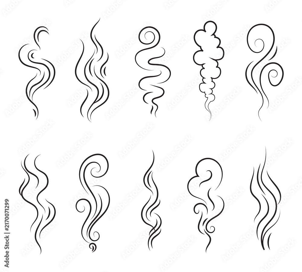 Naklejka premium Smoke steam of coffee with smell line icon set. Hand drawn scent stream and wavy aroma doodle lines. Sketch hot vapor steam with smell and cooking fragrance