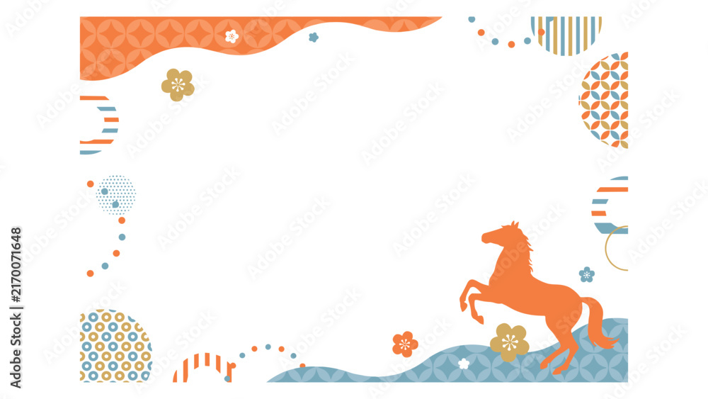 Fototapeta premium Japanese style frame with orange horse silhouette, floral patterns, and geometric circles in blue and orange colors on a white background