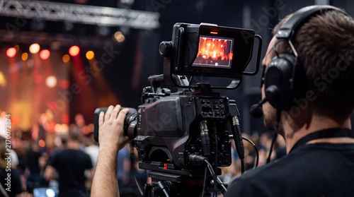 A rear view of a professional videographer filming a concert while working with headphones and a monitor.