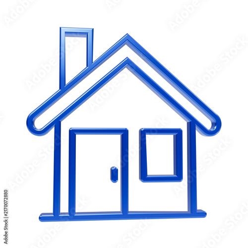 A glossy blue 3d outline of a simple house with a chimney, a door, and a single window, rendered with a smooth glass texture on a black background