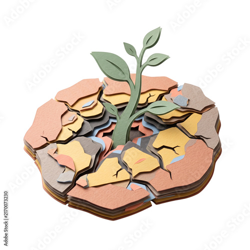 Paper cut green sprout growing through cracked layered ground on transparent background. Emotional resilience and recovery after burnout concept. Mental wellness and hope symbol for healing