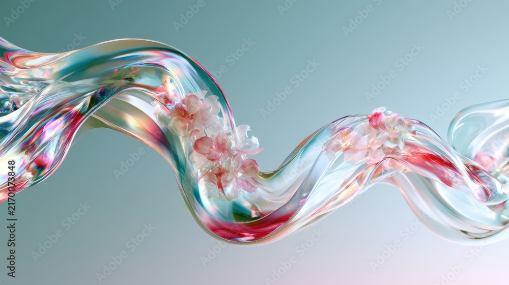 Obraz premium Abstract flowing glass ribbon with pastel blossoms and iridescent waves in soft studio lighting