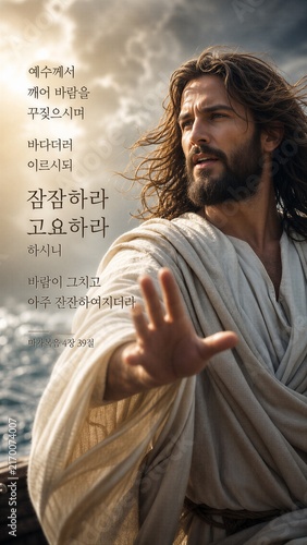 Korean Bible verse poster featuring Mark 4:39, depicting Jesus calming a turbulent sea and bringing divine peace, with ancient typography overlay.