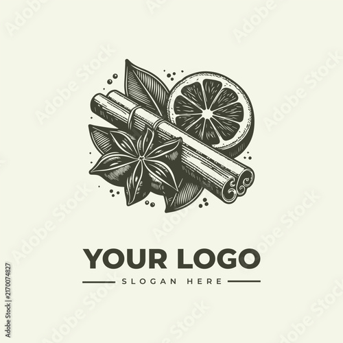 Vintage hand drawn logo design with cinnamon stick orange slice and star anise spice.