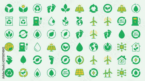 Green ecology and net zero flat icon set for recycling and clean energy