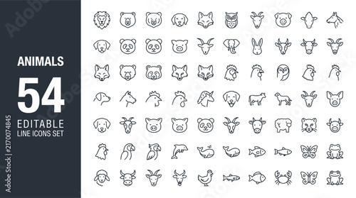 Wild and domestic animal line icon set for wildlife nature and pets