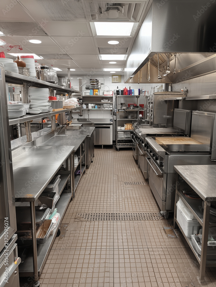 Obraz premium Empty commercial kitchen ready for food preparation