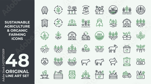 Sustainable agriculture and organic farming icon set for eco harvest