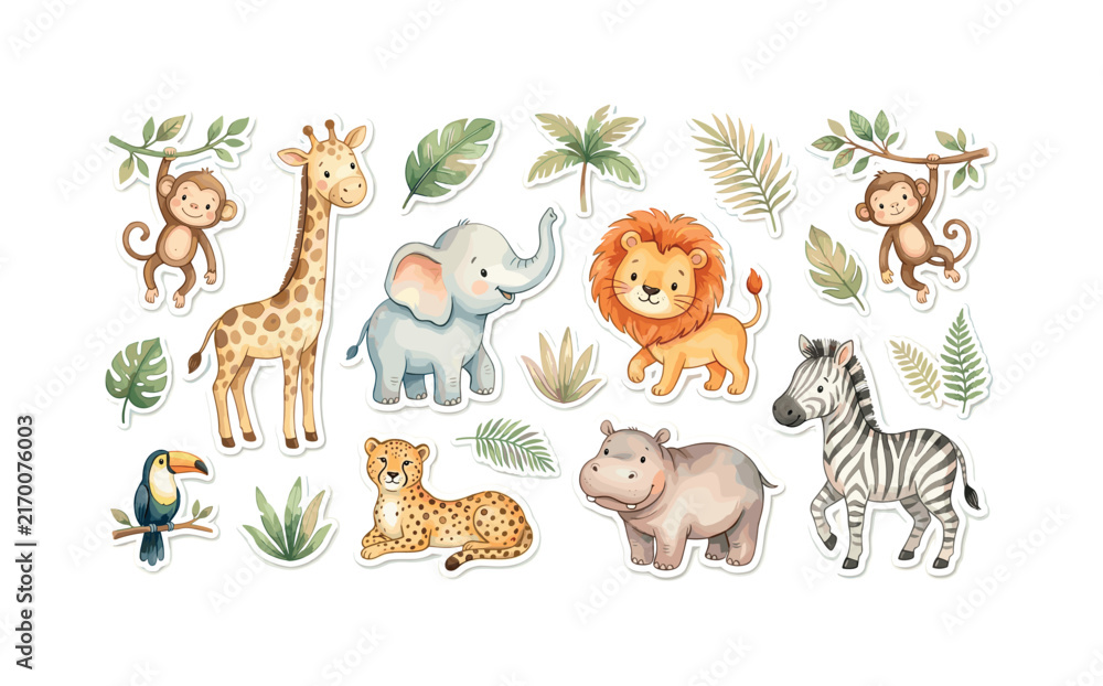 Naklejka premium Cute watercolor safari animals and jungle leaves sticker set for kids