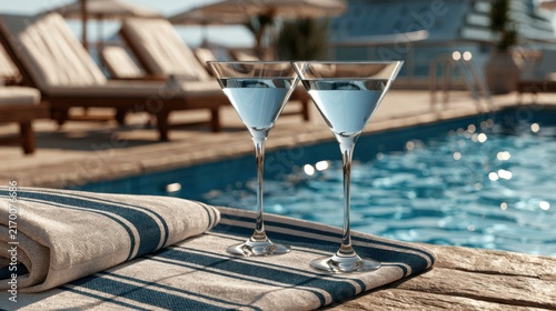 Two martini glasses on a striped towel at a luxury resort poolside reflecting relaxation and a premium cruise lifestyle.