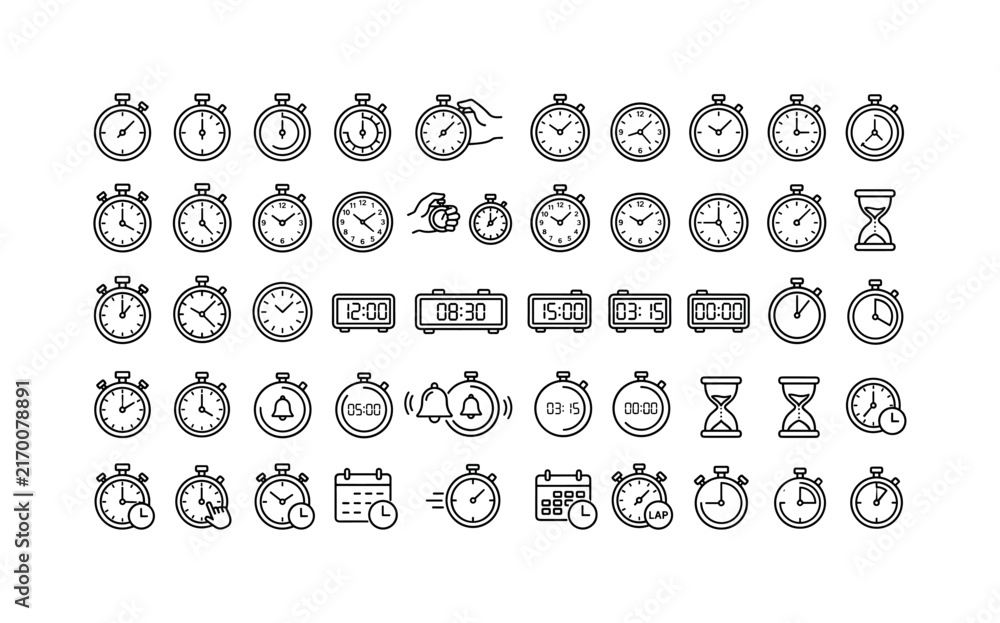 Fototapeta premium Collection of stopwatch and clock icons for timekeeping and measurement