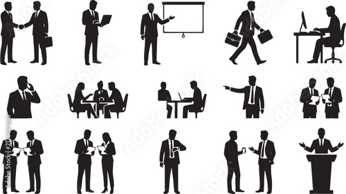 Business People Silhouette Set Corporate Team Meeting Professional Partnership Handshake Vector Icons