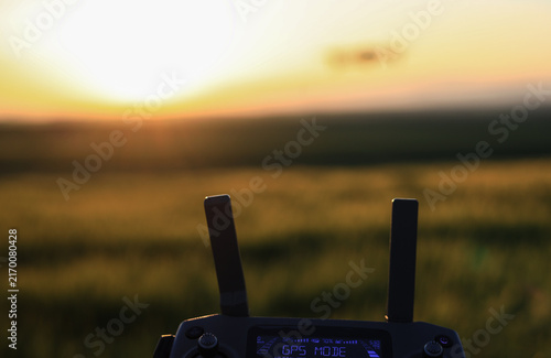 A drone operator controls a drone in a field while checking crops