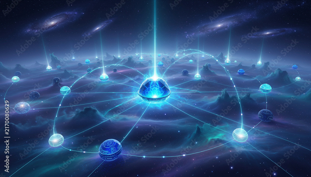 Fototapeta premium Deep Space Neural Network with Luminous Blue Constellations